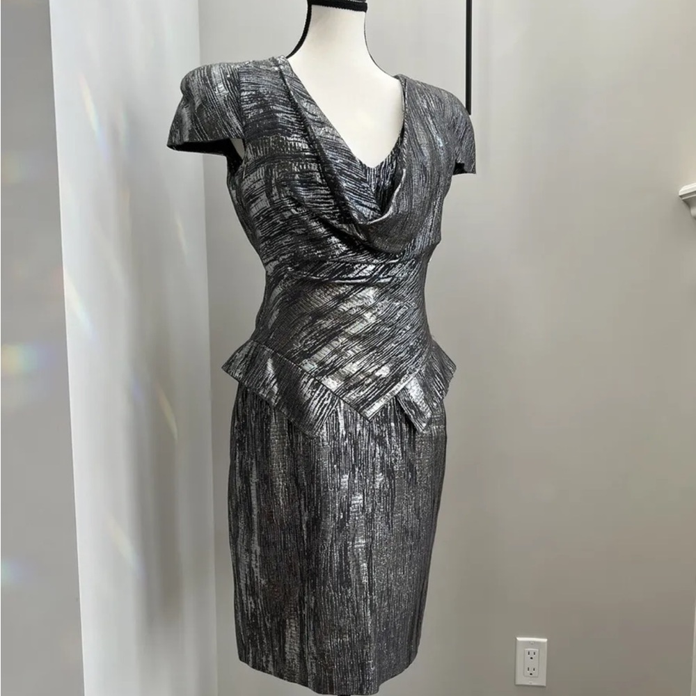 Alexander McQueen Metallic Charcoal Gray Draped Peplum Dress - Picture 2 of 8